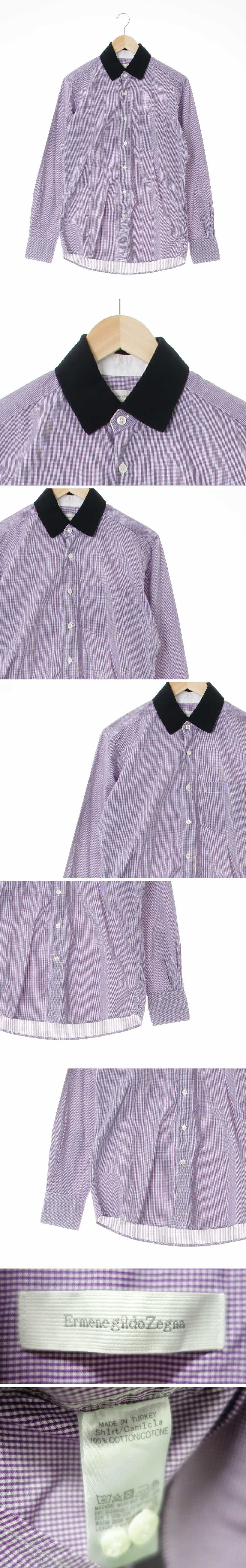 ermenegildozegna 퍼플화이트 체크 면 코튼카라긴팔셔츠