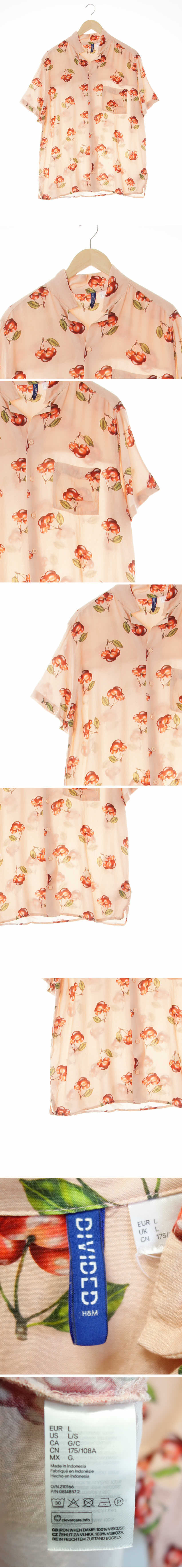 h&m 오픈넥아웃포켓반소매셔츠 h&m 초크핑크 체리패턴 오픈넥아웃포켓반소매셔츠