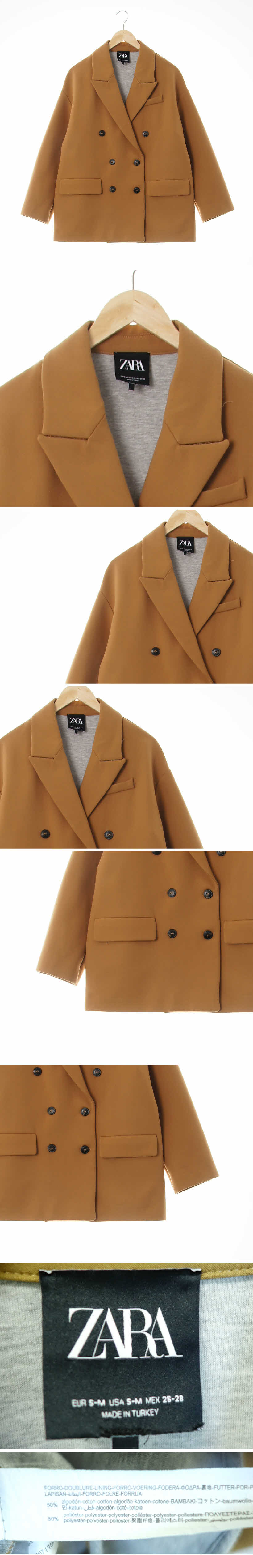 자라 더블버튼루즈핏하프자켓 자라 골든브라운 면혼방 더블버튼루즈핏하프자켓