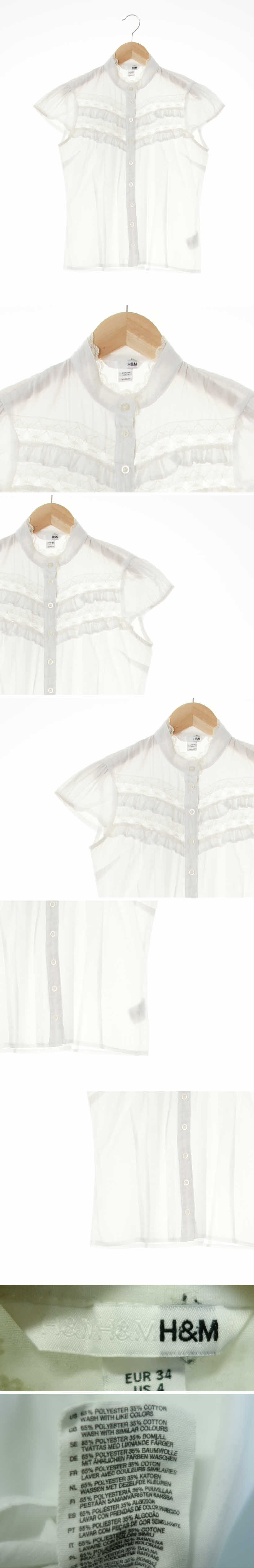 h&m 레이스러플반팔블라우스 h&m 화이트 플라워패턴 면혼방 레이스러플반팔블라우스