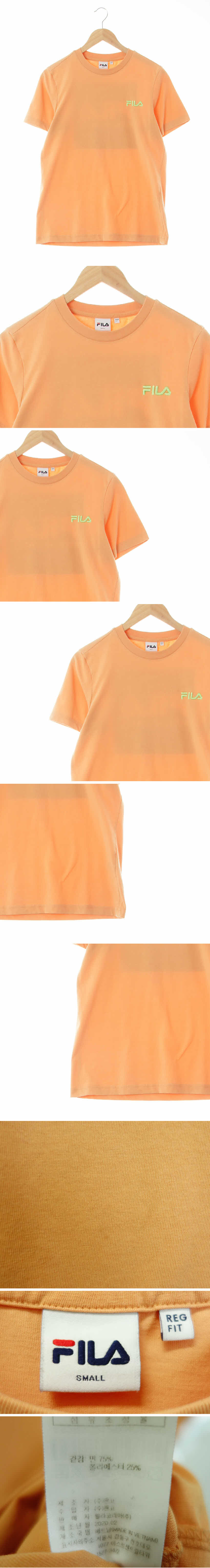 휠라 파스텔오렌지라이트크림 프린팅 면혼방 백로고박스크루넥반팔티