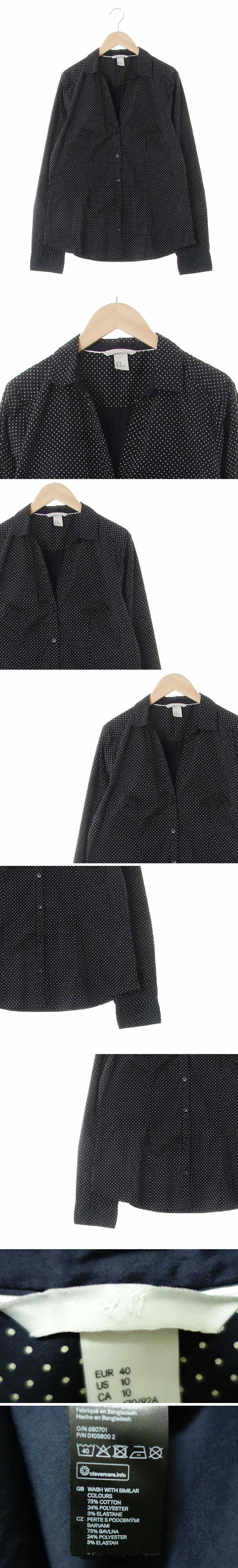 h&m 블랙크림 도트패턴 면혼방 긴팔카라블라우스