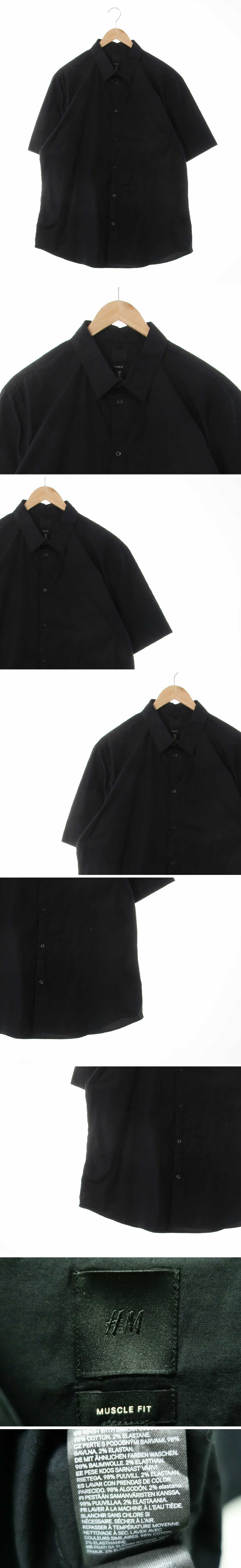h&m 와이드반팔셔츠 h&m 블랙 면혼방 와이드반팔셔츠