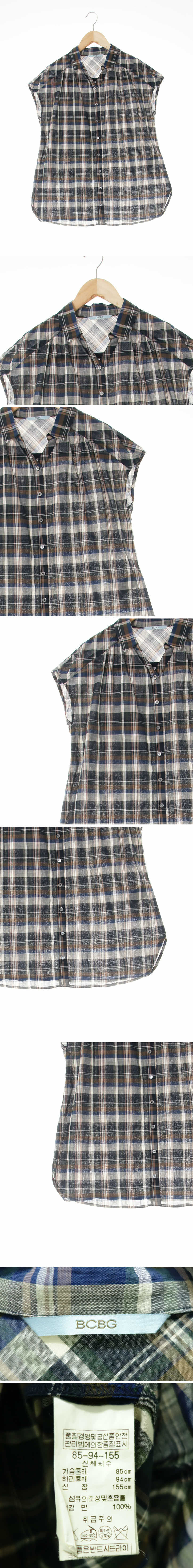 bcbg 오픈카라캡소매셔츠 bcbg 네이비브라운 체크 면 오픈카라캡소매셔츠