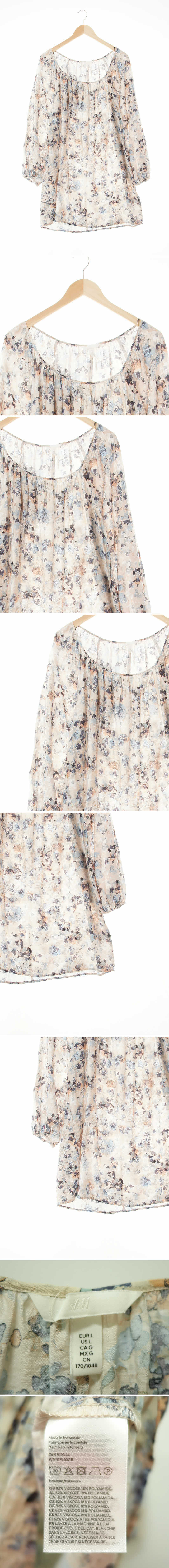 h&m 핀턱보트넥루즈핏롱블라우스 h&m 베이지네이비 추상패턴 핀턱보트넥루즈핏롱블라우스