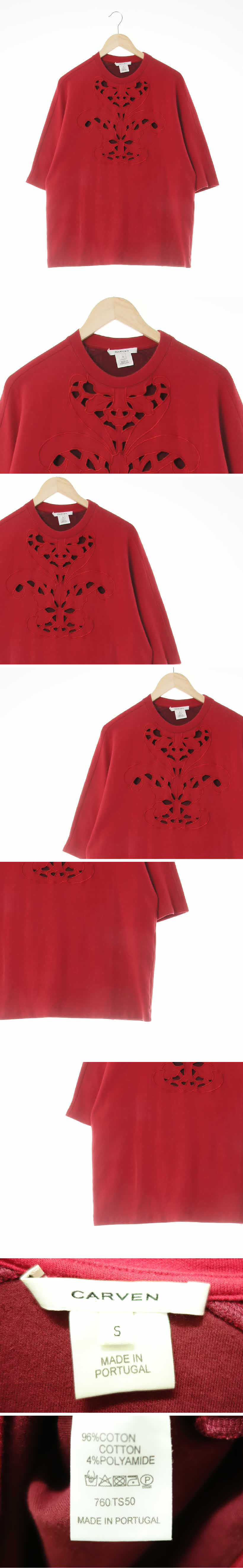 carven 플라워홀자수반팔티 carven 레드 자수패턴 면혼방 플라워홀자수반팔티