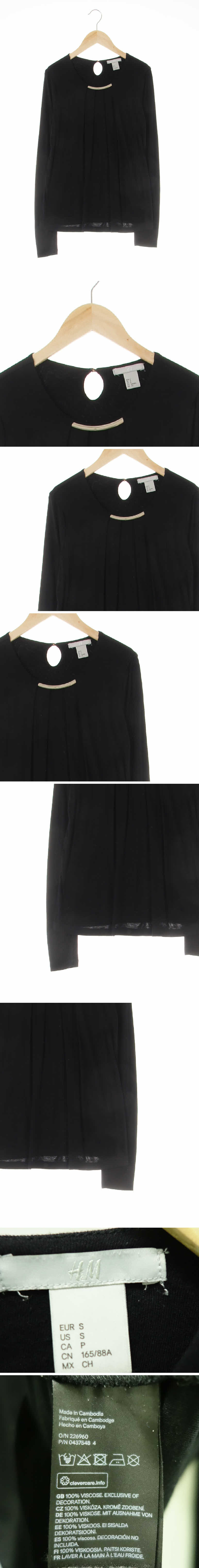 h&m 블랙 비스코스 넥장식긴팔티