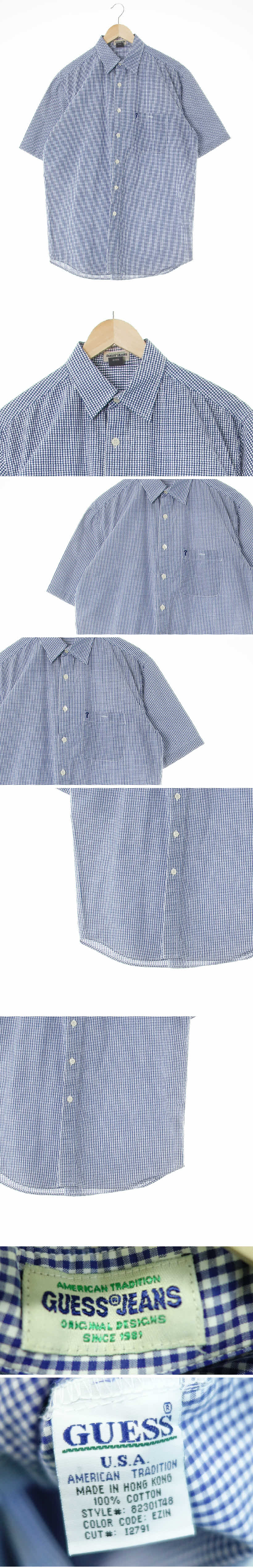 Guess 반팔셔츠 Guess 블루 체크 면 반팔셔츠