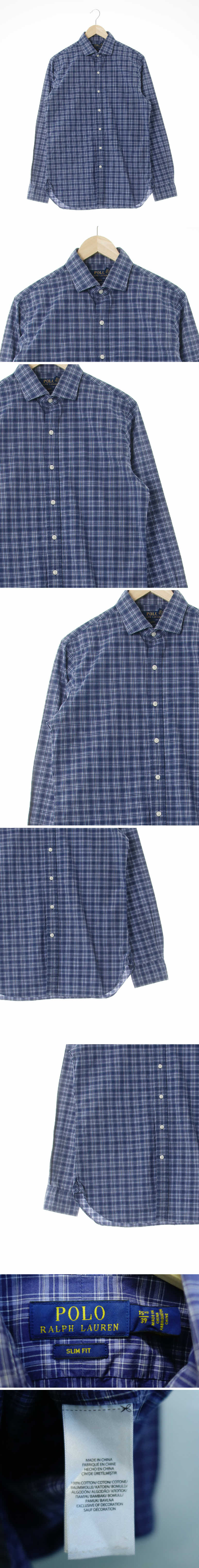 폴로 슬림핏와이드카라긴팔셔츠 폴로 네이비 체크 면 슬림핏와이드카라긴팔셔츠