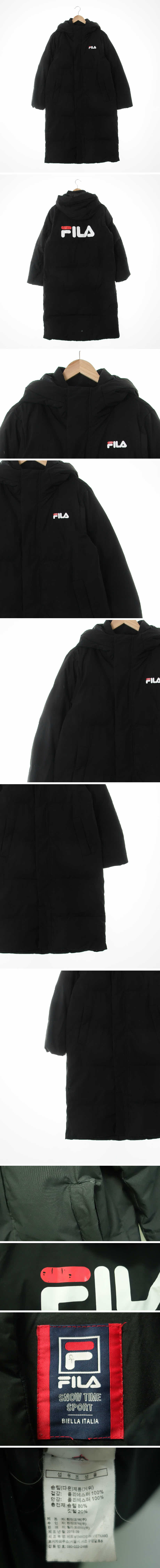 필라 후드롱패딩점퍼 필라 블랙 프린팅 구스다운 후드롱패딩점퍼