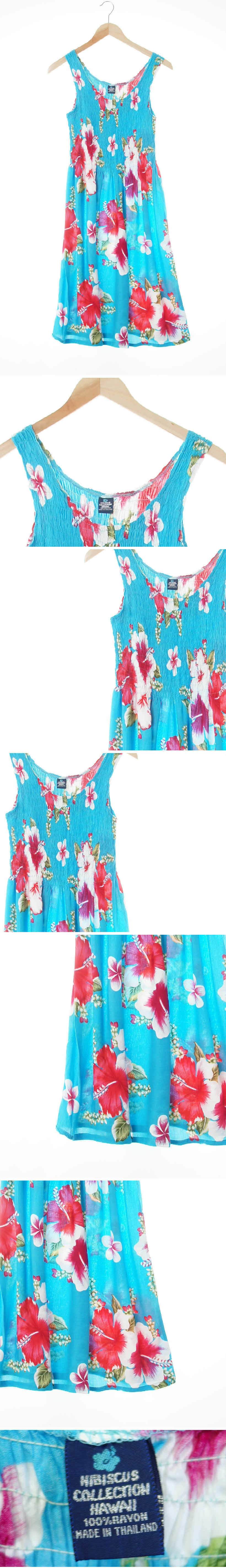hibiscus collection Hawaii 하프주름하와이안민소매원피스 hibiscus collection Hawaii 브라이트셀룰리안블루 플라워패턴 하프주름하와이안민소매원피스