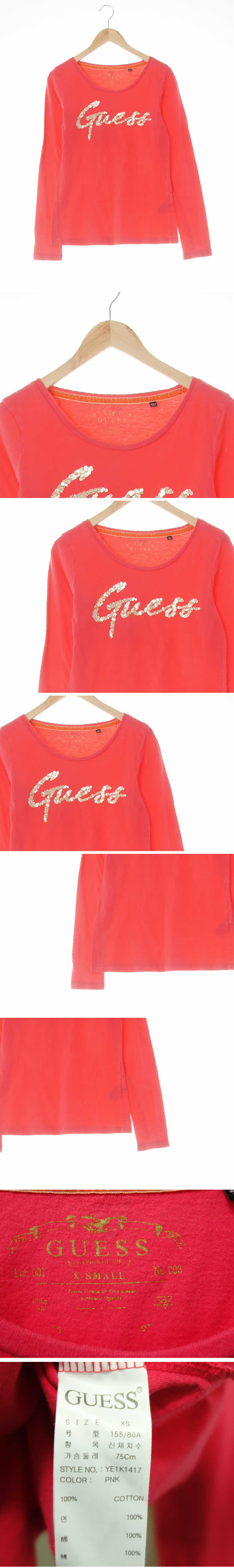 Guess 다크코랄핑크 면 라운드비즈로고긴팔티