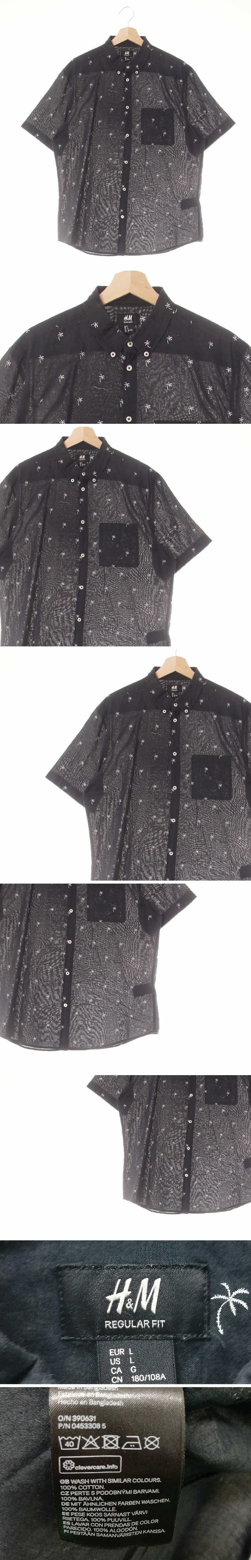 h&m 레귤러핏반팔쿨셔츠 h&m 더스티블랙 야자수자수패턴 면 레귤러핏반팔쿨셔츠