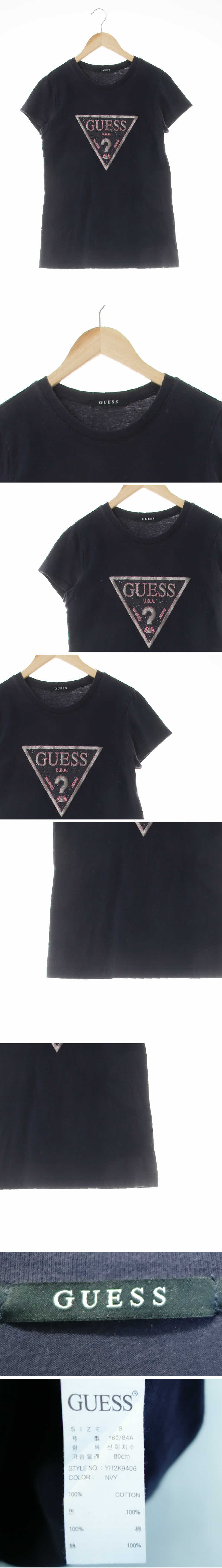 Guess 펄빅로고라운드반팔티 Guess 네이비 프린팅 면 펄빅로고라운드반팔티