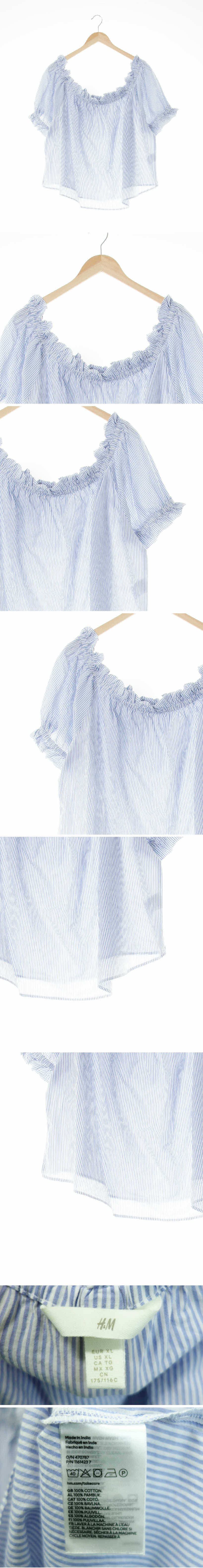 h&m 셔링퍼프오프숄더반팔블라우스 h&m 라이트블루 스트라이프 면 셔링퍼프오프숄더반팔블라우스