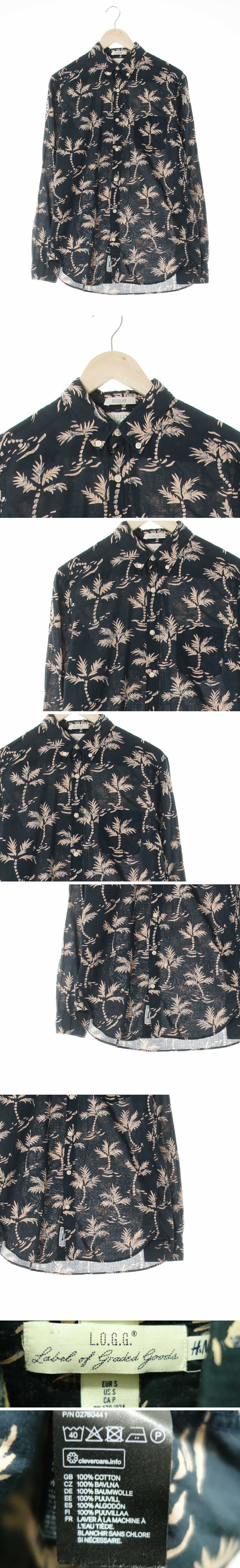 h&m 다크네이비 야자수패턴 면 레귤러핏라이트셔츠