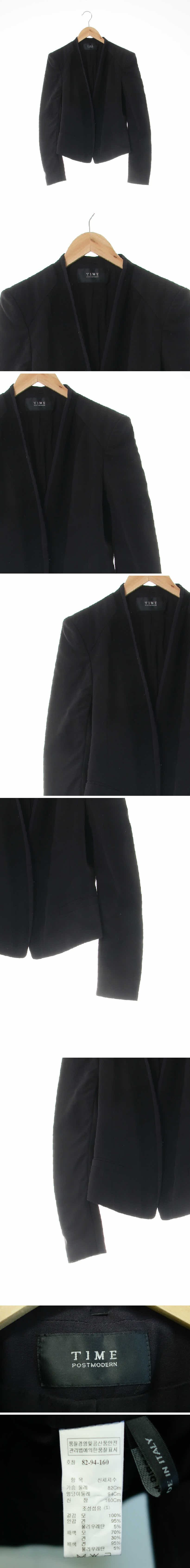 타임 실크배색노카라숏블레이저 타임 블랙 울 실크배색노카라숏블레이저