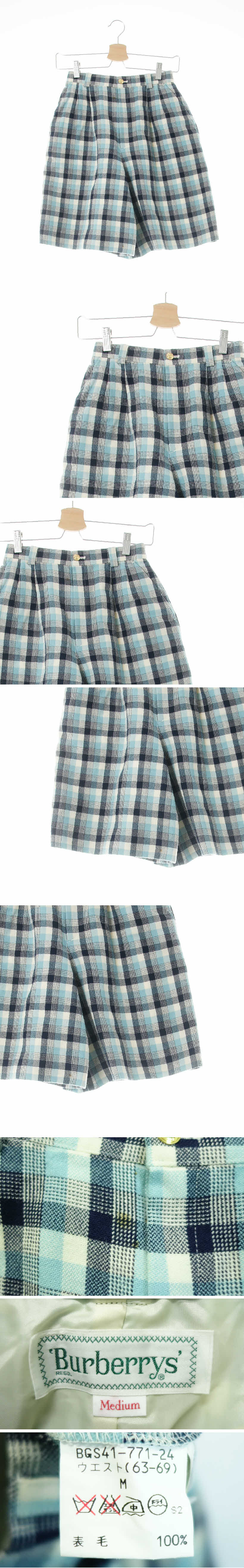 버버리 다크네이비스카이블루 체크 울 핀턱모직하프팬츠