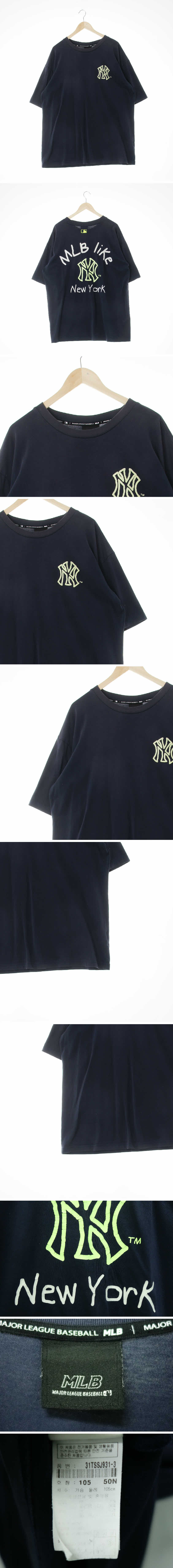 MLB NY오버핏크루넥반팔티 MLB 네이비 프린팅 면혼방 NY오버핏크루넥반팔티