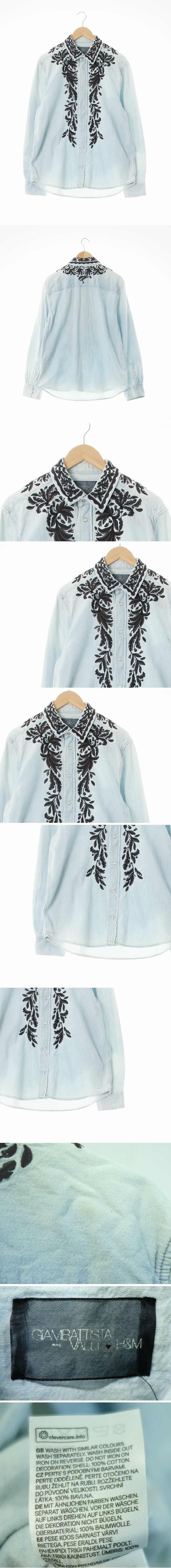 h&m 자수데님셔츠 h&m 연청 식물패턴 면 자수데님셔츠