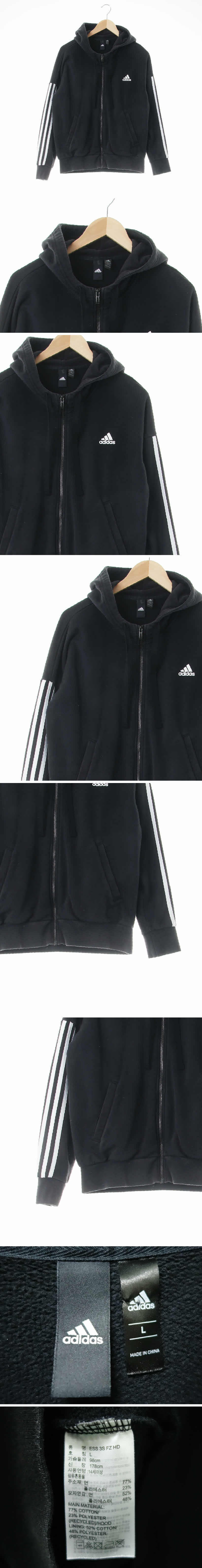 아디다스 삼선테이핑후드집업 아디다스 블랙 면혼방 삼선테이핑후드집업