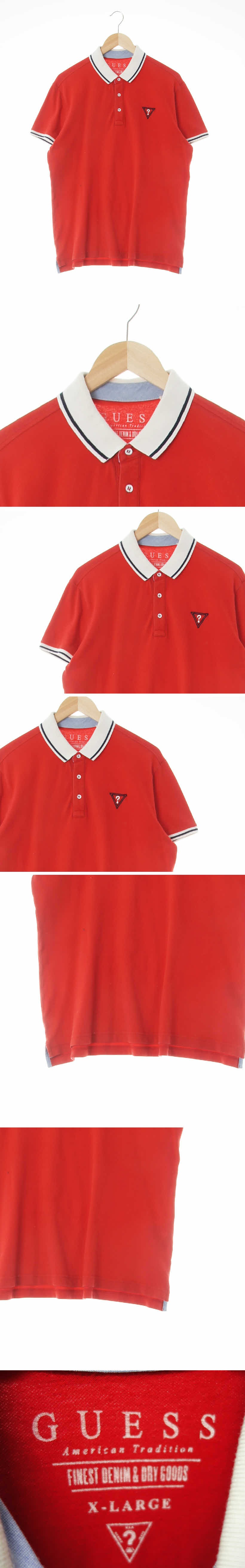Guess 퀘스천로고자수피케반팔티 Guess 레드 면혼방 퀘스천로고자수피케반팔티