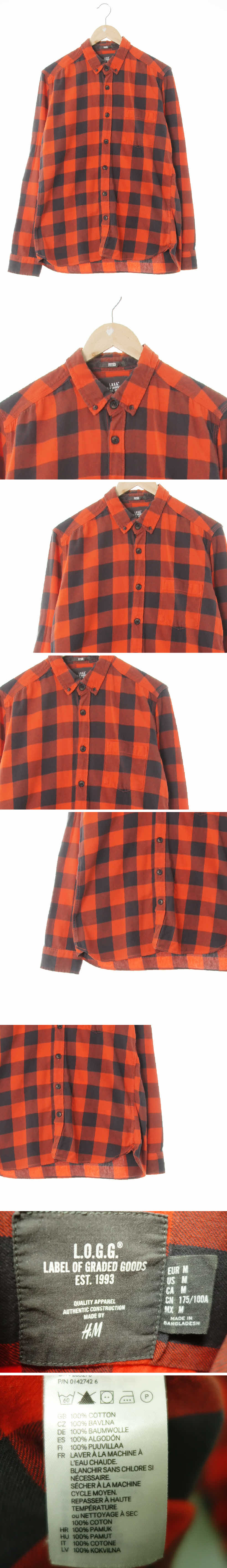 h&m 긴팔핏티드셔츠 h&m 핫오렌지다크그레이 체크 면 긴팔핏티드셔츠