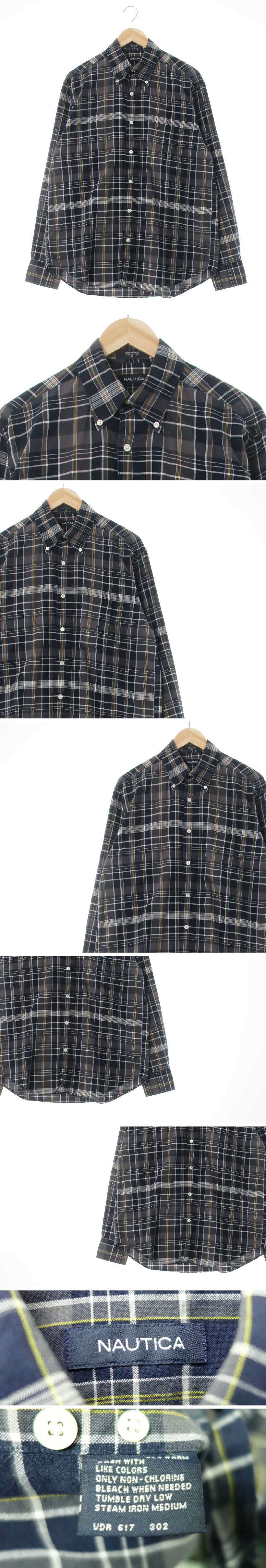 nautica 스몰자수로고포켓긴팔셔츠 nautica 네이비차콜옐로우 체크 면 스몰자수로고포켓긴팔셔츠