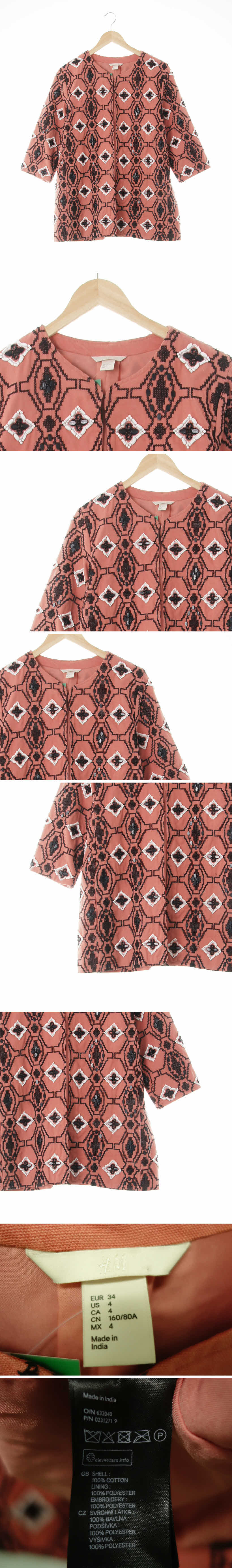 h&m 비즈노카라자켓 h&m 빈티지코랄 문양패턴 면 비즈노카라자켓