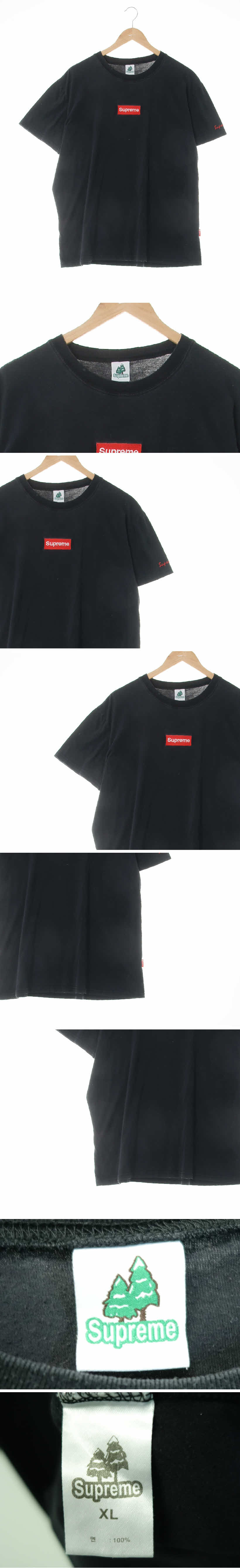 슈프림 블랙 면 레드패치로고라운드반팔티
