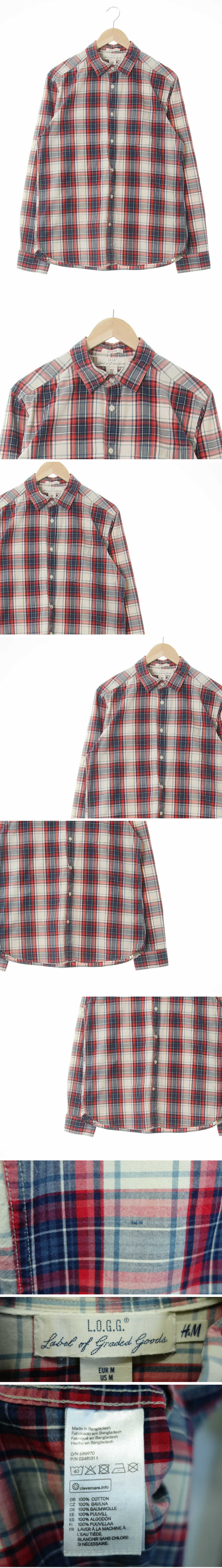 h&m 네이비레드라이트베이지 체크 면 빈티지포켓긴팔셔츠