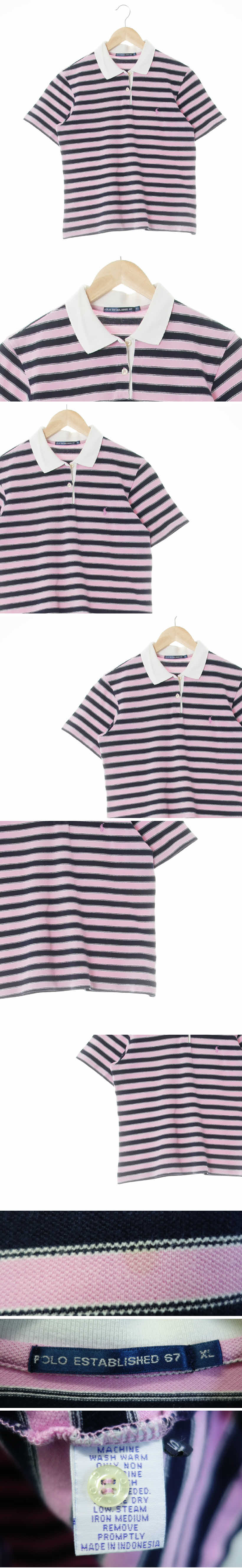 poloestablished67 화이트카라반팔티 poloestablished67 핑크네이비 스트라이프 면 화이트카라반팔티