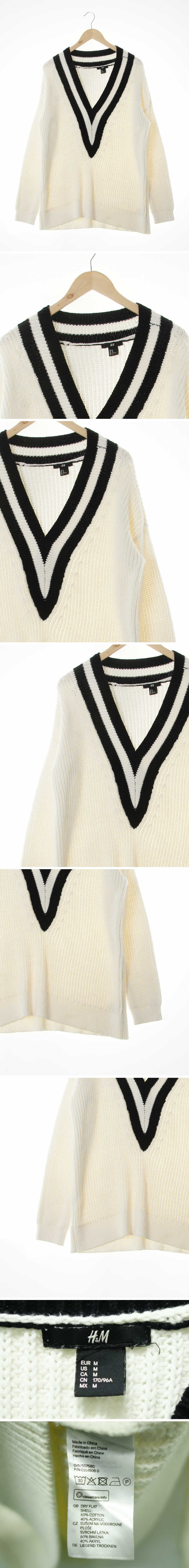 h&m 배색브이넥오버핏니트 h&m 아이보리 면혼방 배색브이넥오버핏니트