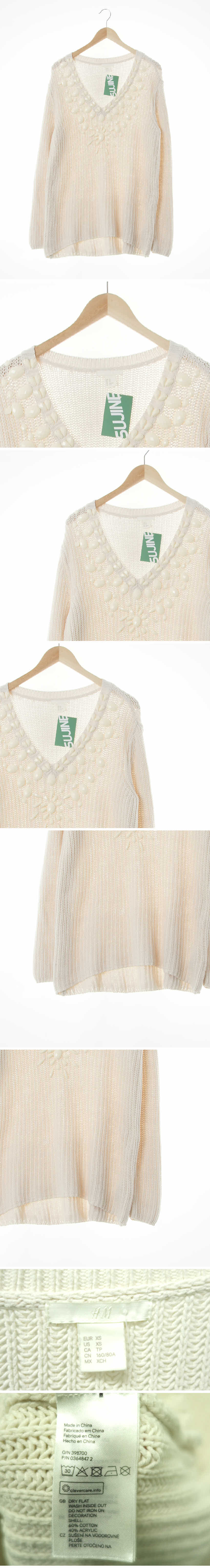h&m 라이트퍼즈베이지 꽈배기패턴 면혼방 비즈큐빅브이넥니트