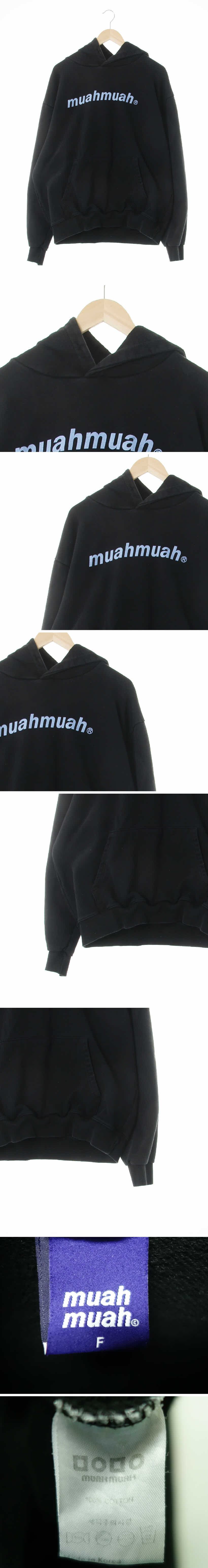 muahmuah 센터로고후드티 muahmuah 블랙 프린팅 면 센터로고후드티