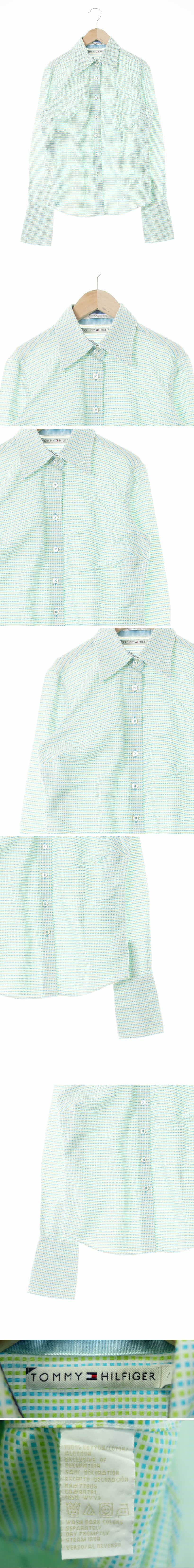 타미힐피거 스카이블루그린 체크 면 투톤슬림셔츠