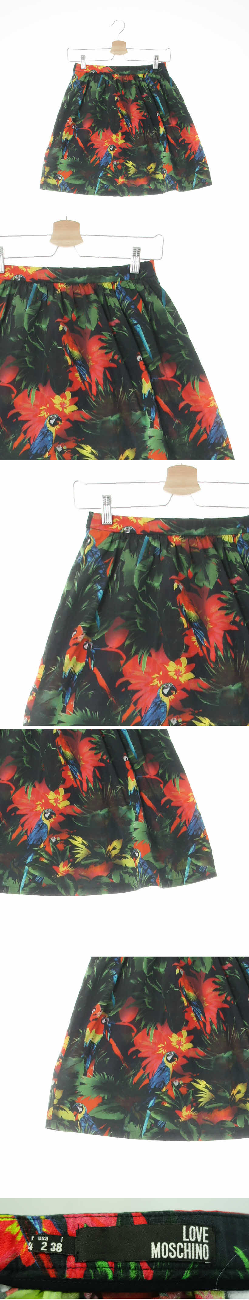love moschino 플레어미니스커트 love moschino 블랙 구관조플로럴패턴 면혼방 플레어미니스커트