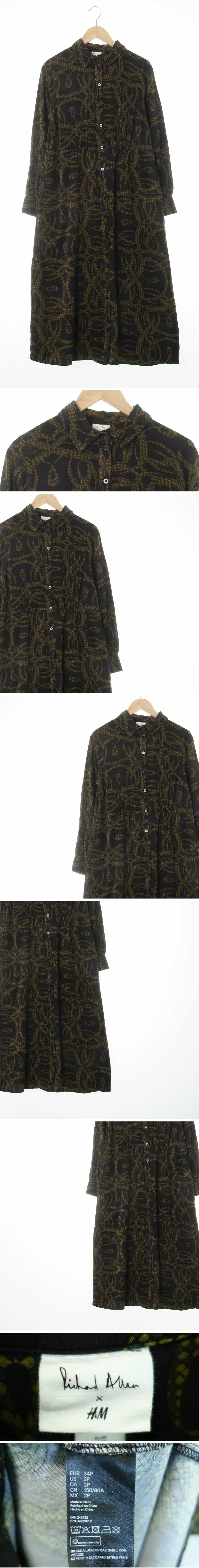 h&m 블랙 격자무늬리본패턴 비스코스 올리브카라맥시셔츠원피스