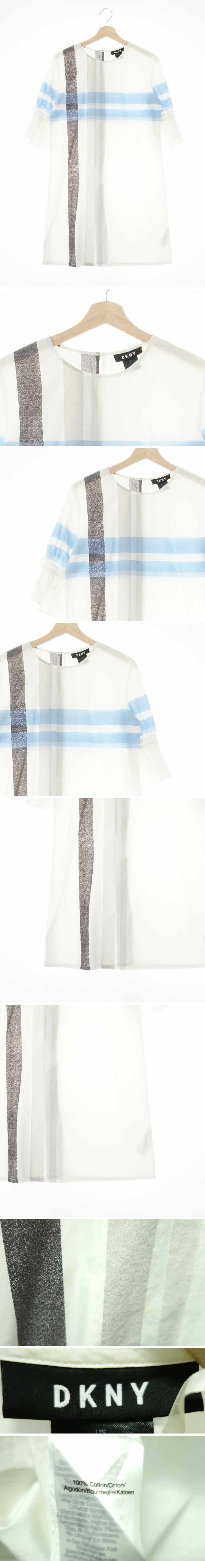 dkny 하프소매셔링리본쿨원피스 dkny 화이트콘플라워블루블랙 빅체크 면 하프소매셔링리본쿨원피스