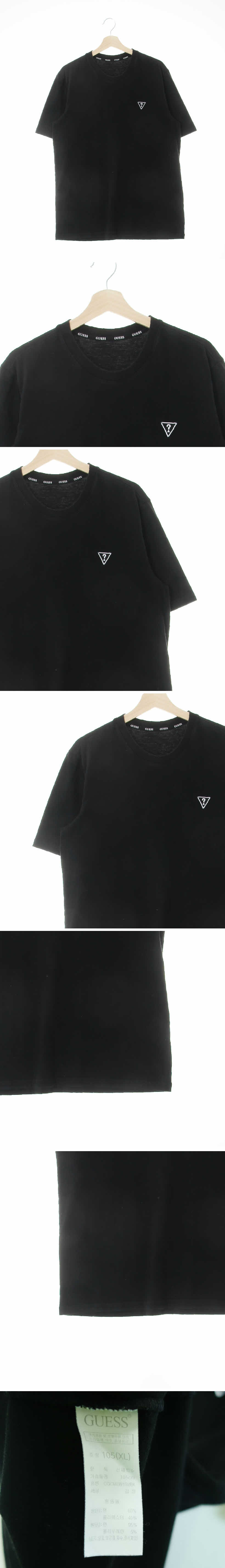 게스 블랙 면혼방 자수로고크루넥반팔티