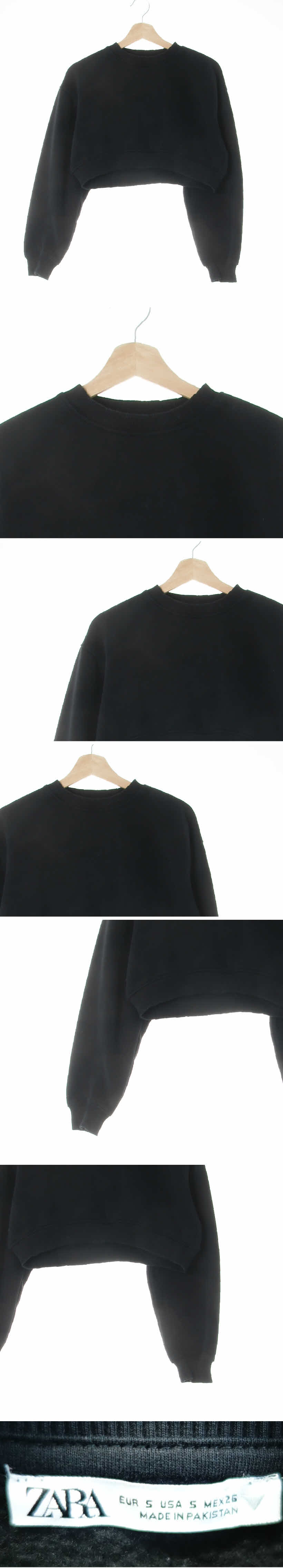 자라 슈퍼크롭크루넥맨투맨 자라 블랙 면혼방 슈퍼크롭크루넥맨투맨