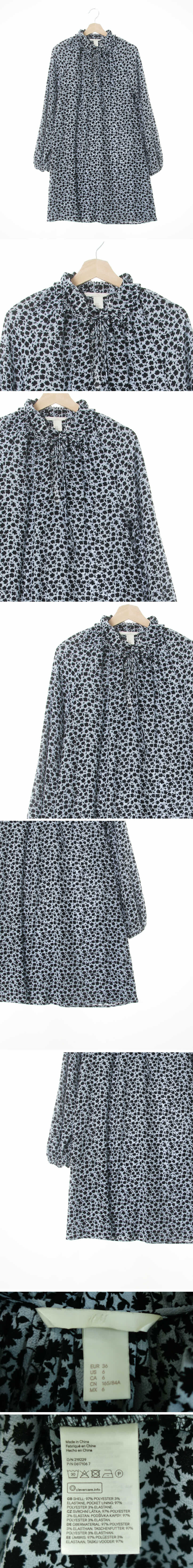 h&m 블루블랙 잔꽃패턴 슬릿셔링넥원피스