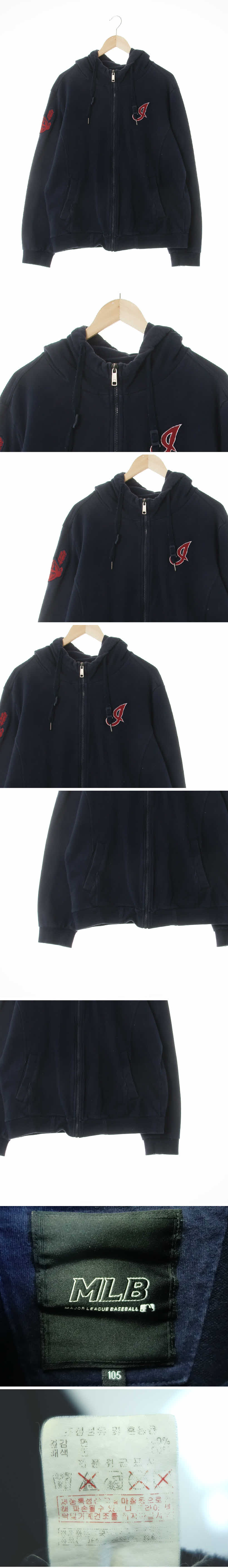 MLB 소매인디언패치반목후드집업 MLB 네이비 면 소매인디언패치반목후드집업
