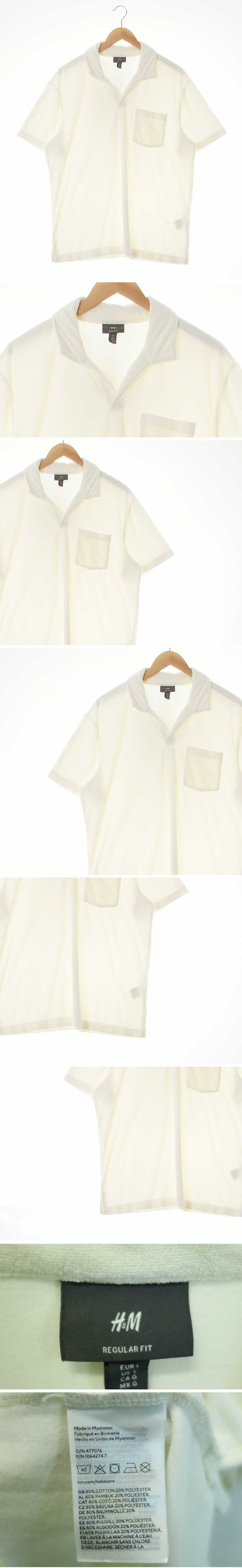 h&m 오픈카라포켓반팔티 h&m 크림화이트 면혼방 오픈카라포켓반팔티