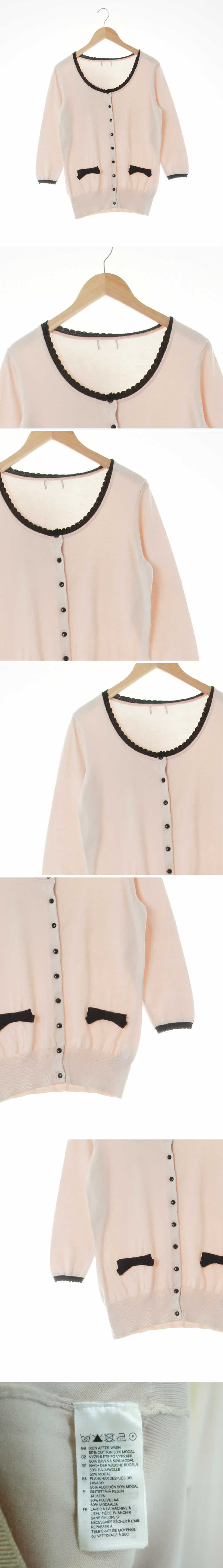 h&m 배색리본물결넥8부가디건 h&m 망가노칼싸이트핑크 면혼방 배색리본물결넥8부가디건