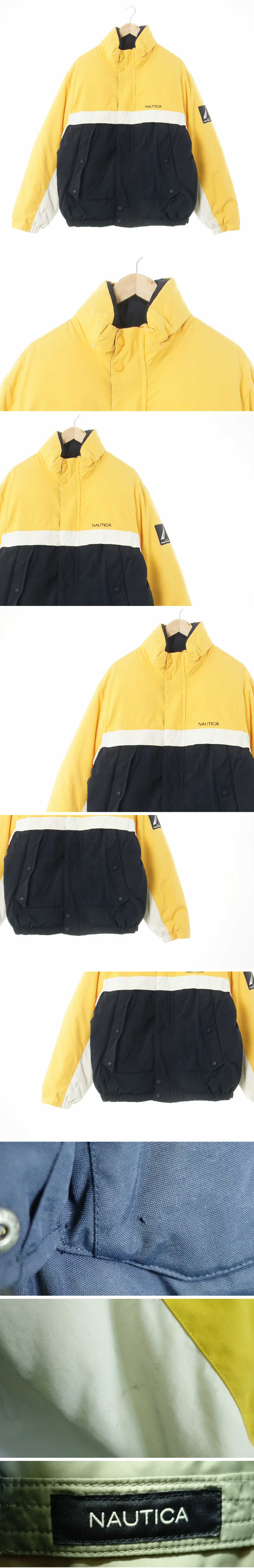 nautica 옐로우화이트네이비 하이넥블럭숏빈티지패딩