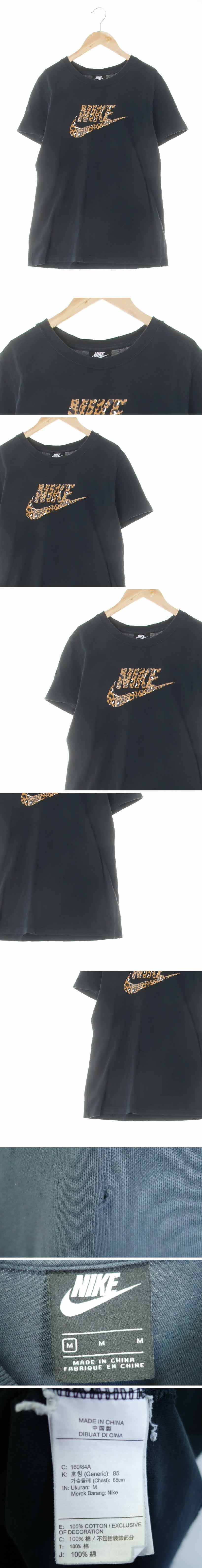 나이키 블랙 면 호피무늬빅로고라운드반팔티
