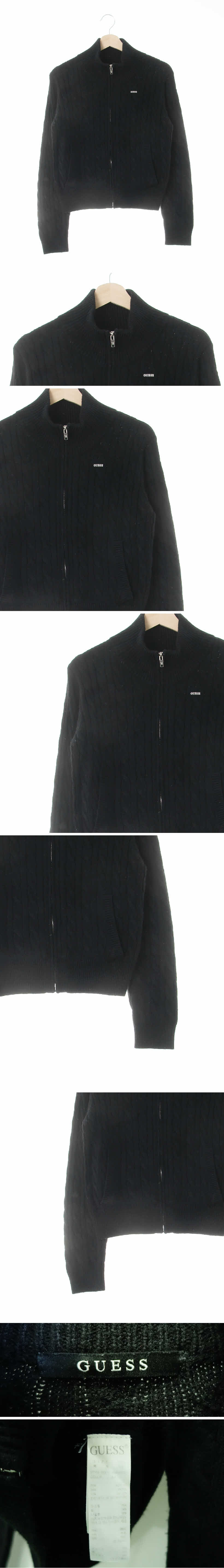 게스 꽈배기리브드하이넥집업 게스 블랙 울혼방 꽈배기리브드하이넥집업