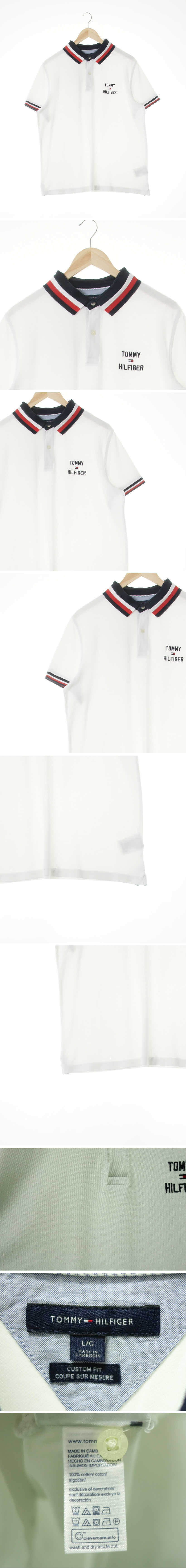 타미힐피거 화이트 면 자수레터링반팔배색카라티