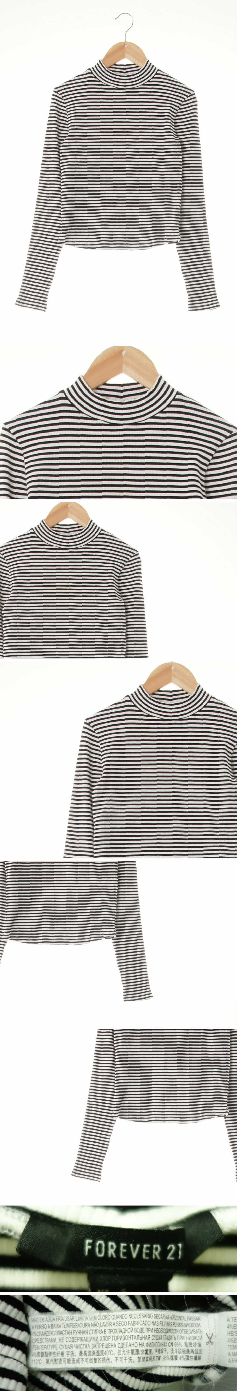 Forever21 화이트블랙 스트라이프 면혼방 하프넥슬림골지라운딩긴팔티